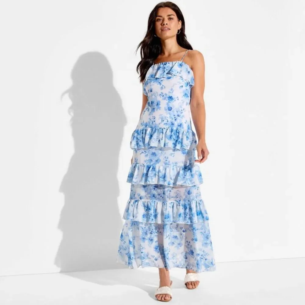 Women's Flounce Tiered Maxi A-Line Dress - Wild Fable White Floral S